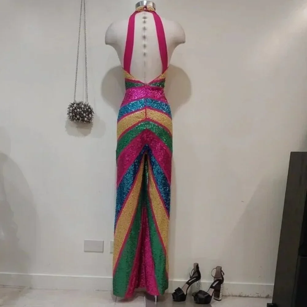 💋RETRO GLAM!💋 STUDIO 54 Halter Cut Out Wide-leg Jumpsuit in Stripe Sequin - Picture 10 of 15